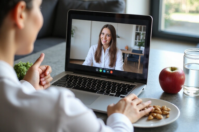 Eine Person, die über Videoanruf mit einem Ernährungsberater spricht, Laptop mit Videokonferenz und gesunden Lebensmitteln.