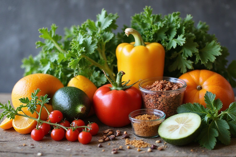 Symbolische Darstellung von Gesundheit und Genesung durch Ernährung mit frischen, heilenden Lebensmitteln.