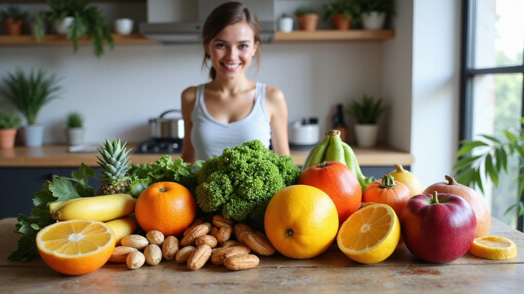 Helles, inspirierendes Bild mit frischen, bunten Lebensmitteln auf einem Holztisch mit einer lächelnden Person im Hintergrund
