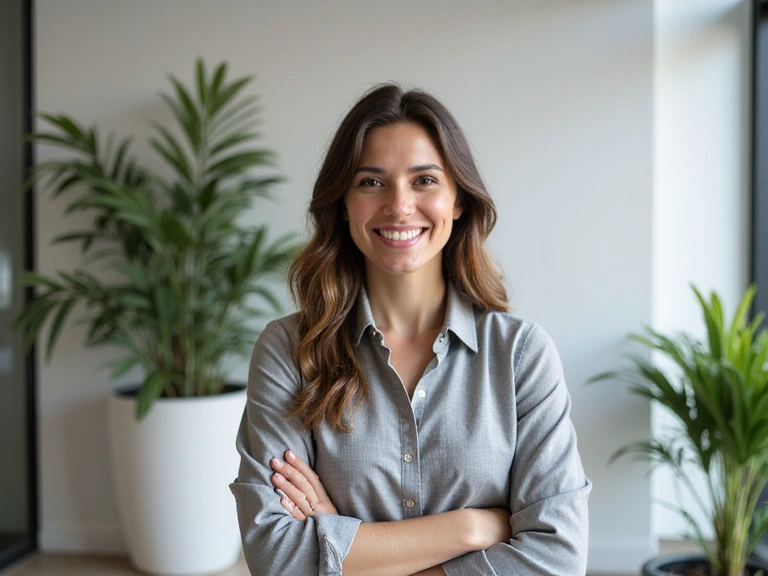 Professionelles Porträt einer freundlichen Ernährungsberaterin, lächelnd in einem hellen, modernen Büroambiente.